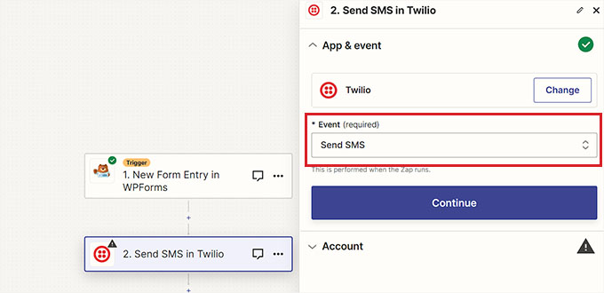Select the Send SMS option as the action event