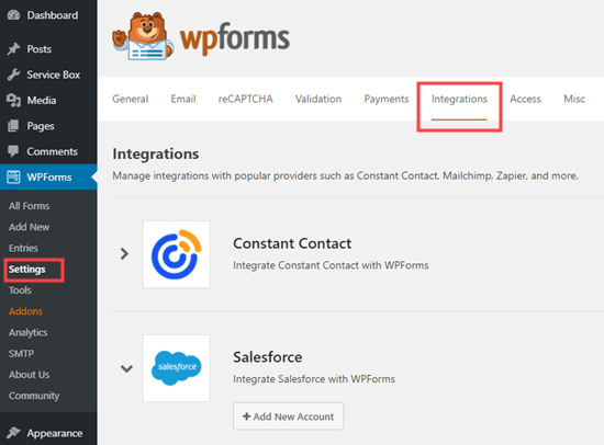WPForms' Settings - Integrations tab in the WordPress admin