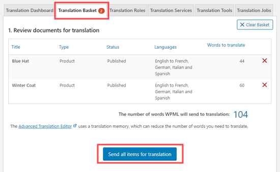 Sending your products for translation