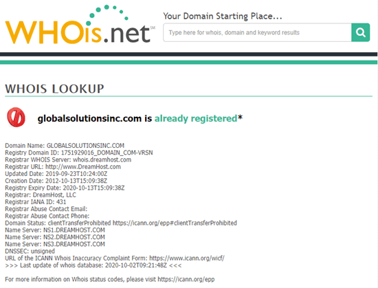 Looking up website details on whois.net