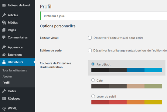 WordPress 管理区域以法语显示
