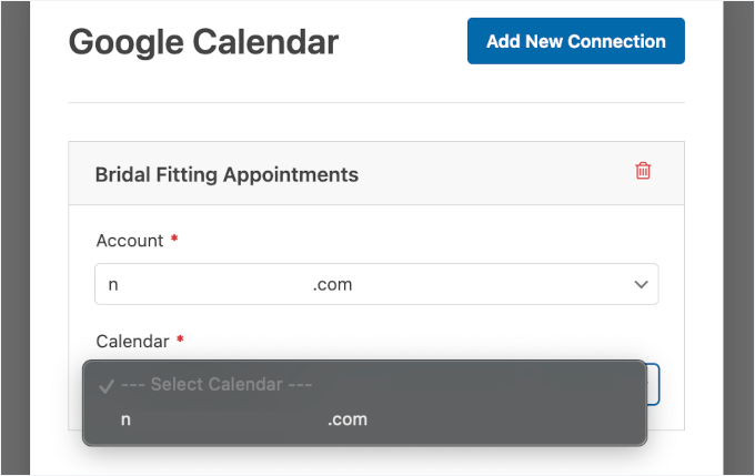 Specifying the Google account and calendar to use the connection Specifying the Google account and calendar to use the connection