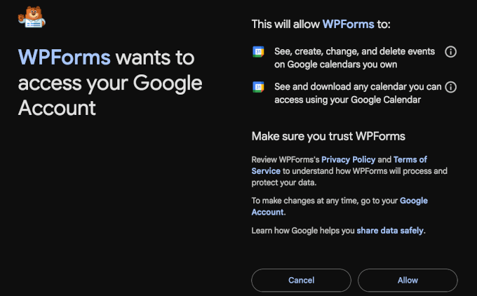 Allowing WPForms and Google Calendar connection Allowing WPForms and Google Calendar connection
