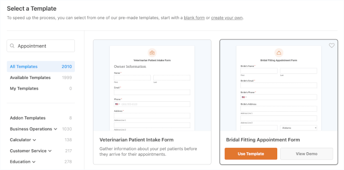 Choosing an appointment form template Choosing an appointment form template