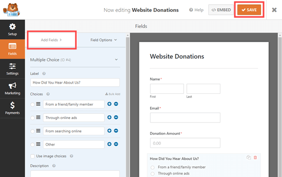 Adding fields to your form and saving it