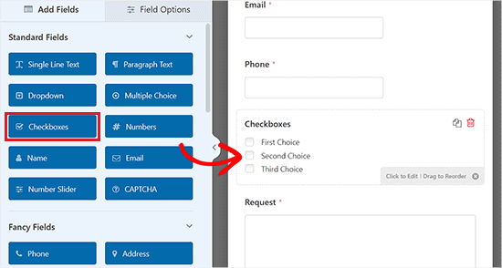 Add fields from the left column