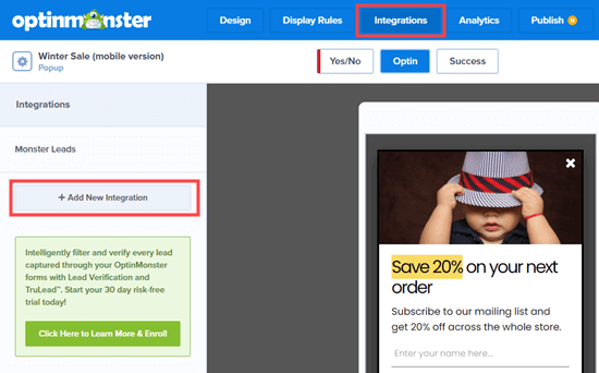Click the button to add a new integration with an email marketing service