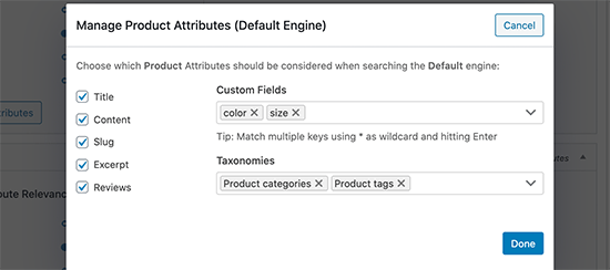 Adding product attributes and taxonomies into search