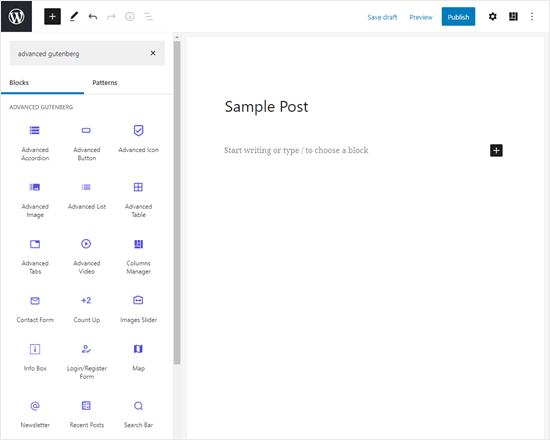 The Advanced Gutenberg blocks, shown in the WordPress block editor