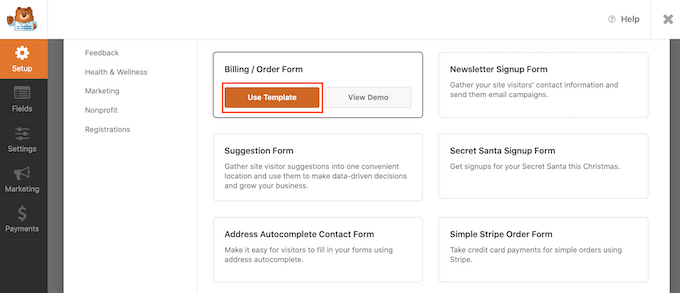 WPForms' billing order template