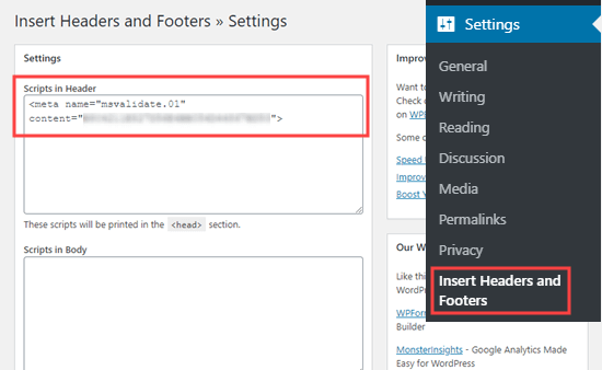 Copying the Bing meta tag into the Header section of the Insert Headers and Footers plugin