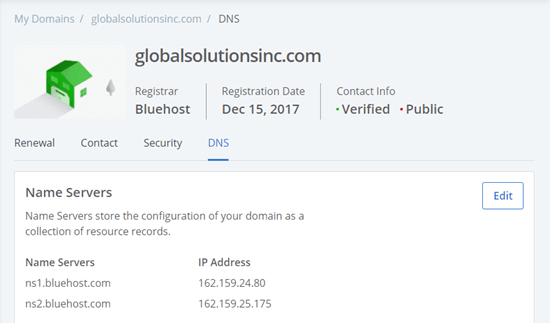 Bluehost 中您的域的 DNS 设置页面