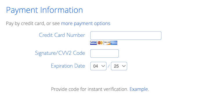The Bluehost payment screen