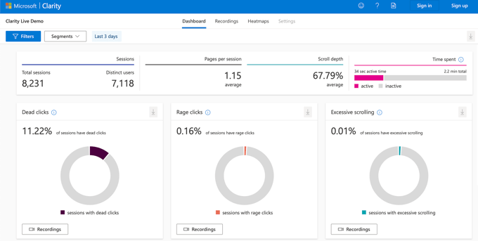 Viewing the Microsoft Clarity analytics dashboard