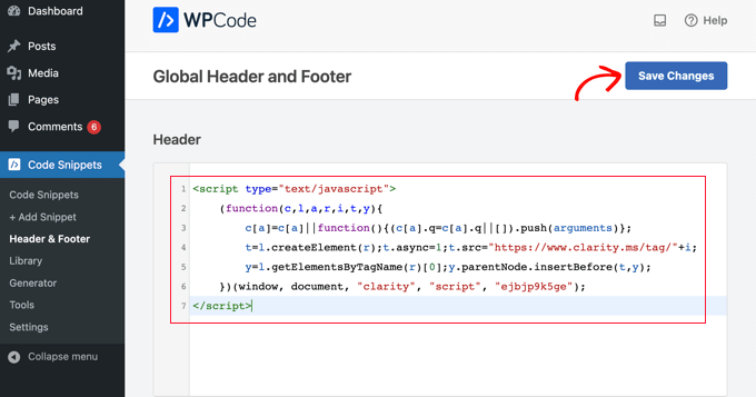 将 Microsoft Clarity 跟踪代码粘贴到 WPCode 的标头字段中