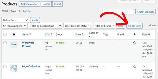 Click Empty Trash button in WooCommerce