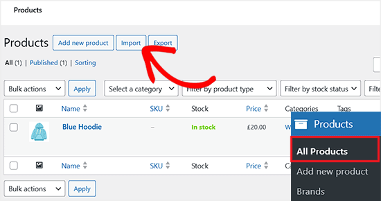 Click Import button on the Products page