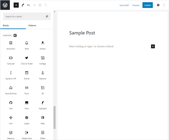 The CoBlocks blocks, shown in the WordPress block editor