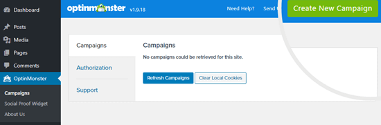 Click the Create New Campaign button to create a new campaign in OptinMonster