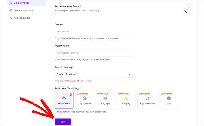 Creating a project in Universally