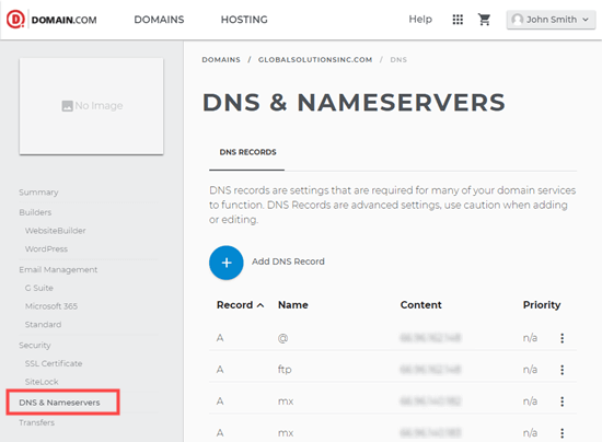 查看 Domain.com 域的 DNS 详细信息