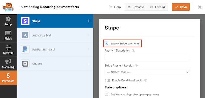 The 'Enable stripe payments' checkbox