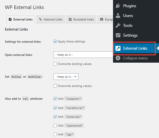 Setting up the External Links plugin