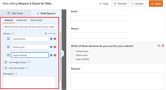 Field settings for the Checkboxes field