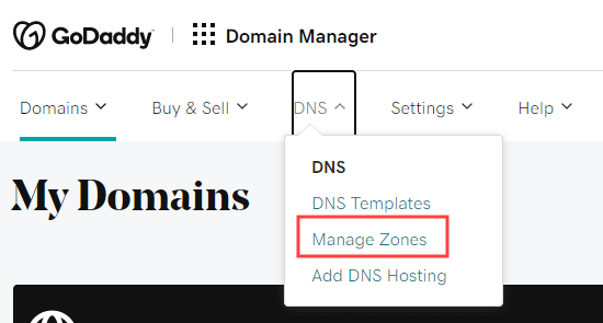 Selecting the DNS - Manage Zones link from the GoDaddy menu
