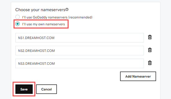 在 GoDaddy 中输入您的新域名服务器