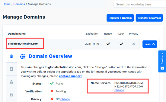 Viewing the details for your HostGator domain name