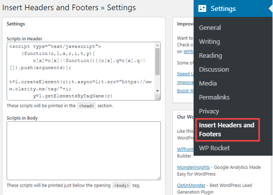Adding the Clarity tracking code to your website using the Headers and Footers plugin