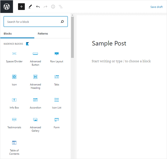 The Kadence blocks shown in the WordPress block editor