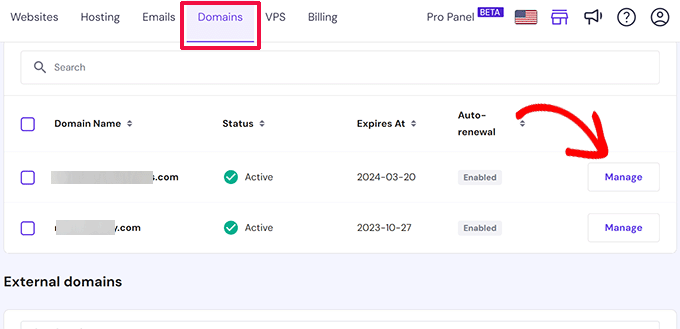 Manage domains in Hostinger
