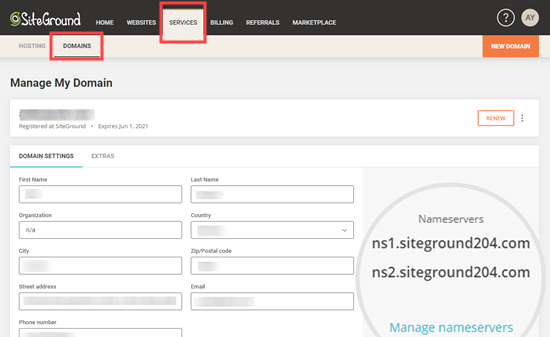 Clicking the Manage Nameservers link for your chosen domain