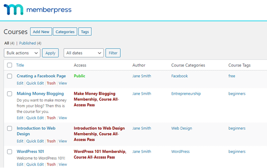 Viewing your course list in MemberPress