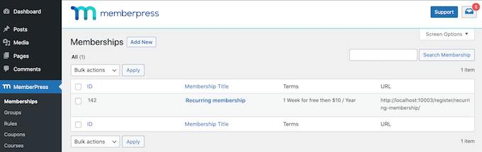 A recurring payment created using MemberPress