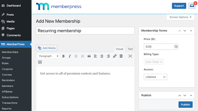 Adding a new membership to MemberPress