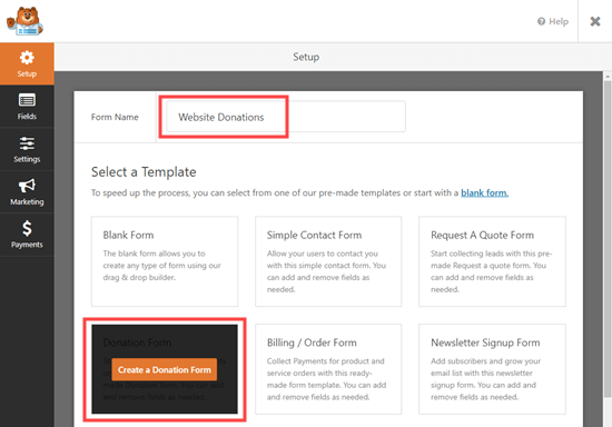 Name your donation form and choose the Donation Form template