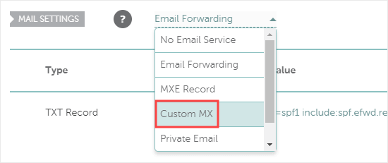 Selecting the Custom MX option in Namecheap
