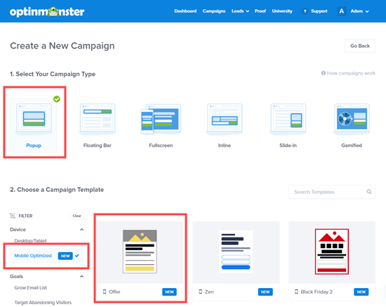Choose a mobile-optimized campaign template in OptinMonster's campaign builder