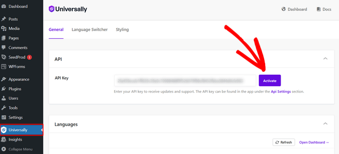 Paste your Universally API key in WordPress