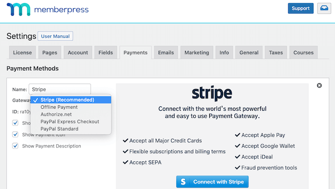 Thêm cổng thanh toán Stripe vào MemberPress