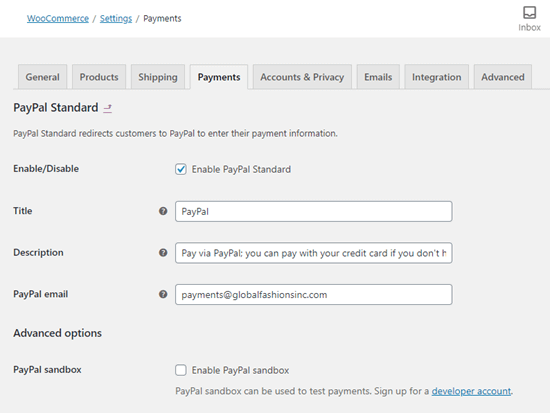 输入您的 PayPal 电子邮件地址并使用 WooCommerce 设置 PayPal
