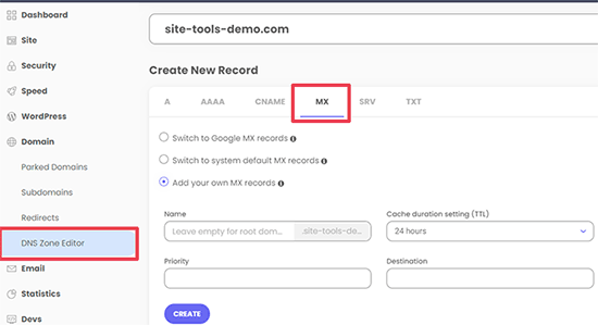 SiteGround Site Tools MX Records 