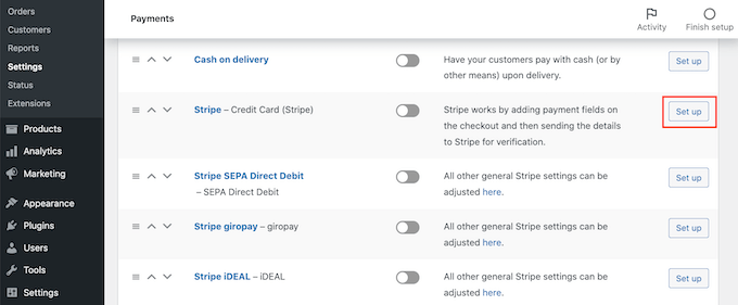 The Stripe credit card setup screen