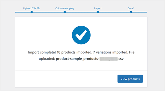 Success message for sample products upload