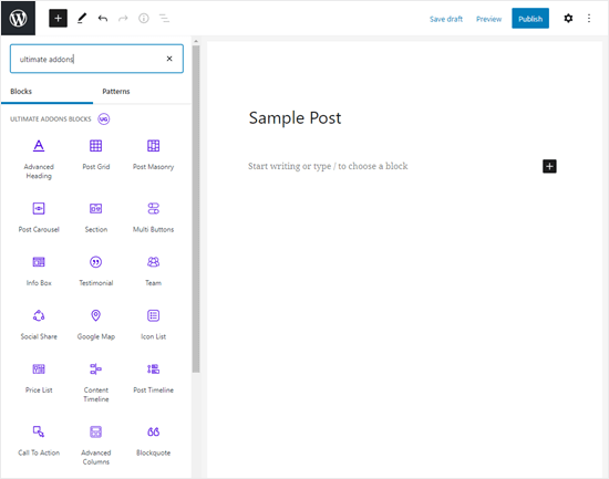 The Ultimate Addons blocks in the block editor