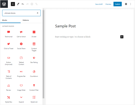 The blocks from Ultimate Blocks, shown in the WordPress block editor