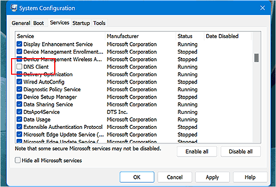 Unchecking the DNS Client service in Windows